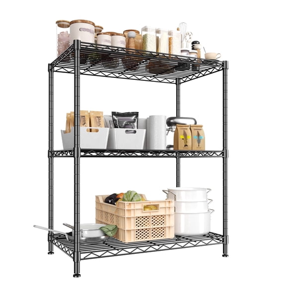 REIBII 3 Tier Wire Shelving Unit,24"W Adjustable Metal Storage Shelves,Heavy Duty Pantry Shelves for Kitchen,Laundry,Bathroom Storage Rack,Black