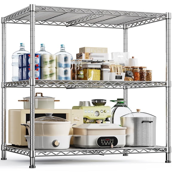 REIBII 3-Tier Wire Shelving Unit,35.4"Wx23.6"Dx35.4"H Extra Deep Metal Storage Rack,Adjustable Shelves,Kitchen Appliance Shelf,Pantry Organizer,Laundry,Garage Storage,Chrome