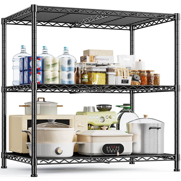 REIBII 3-Tier Wire Shelving Unit,35.4"Wx23.6"Dx35.4"H Extra Deep Metal Storage Rack,Adjustable Shelves,Kitchen Appliance Shelf,Pantry Organizer,Laundry,Garage Storage,Black