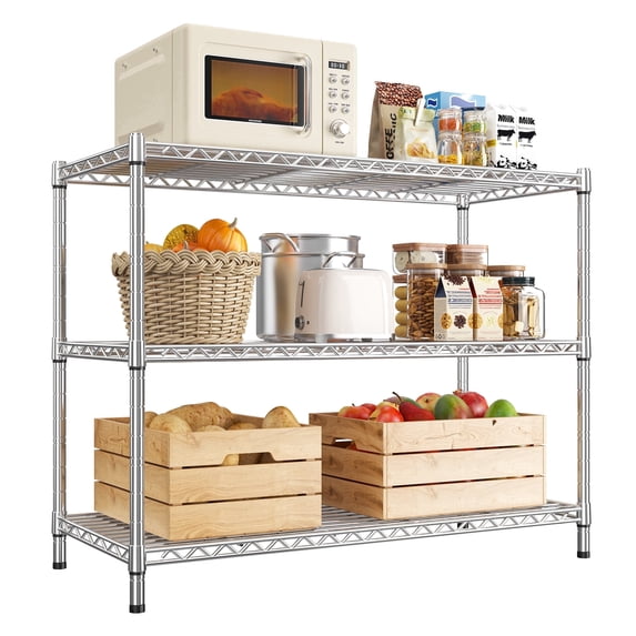 REIBII 35.5"W Wire Shelving Unit,3-Tier Heavy Duty Metal Storage Rack,Adjustable Shelf Organizer for Kitchen,Pantry,Silver