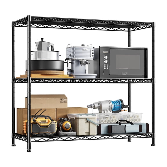 REIBII 35.6"W Wire Shelving Unit,3-Tier Heavy Duty Metal Storage Rack,Adjustable Shelf Organizer for Kitchen,Pantry,Closet,Black