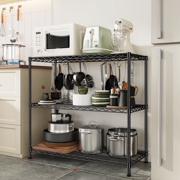 REIBII 35.6"W Wire Shelving Unit,3-Tier Heavy Duty Metal Storage Rack,Adjustable Shelf Organizer for Kitchen,Pantry,Closet,Black