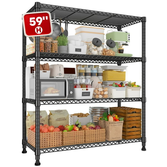 REIBII 4 Shelf Wire Shelving Units and Storage Shelves, 35.5"W x 14"D x 59"H,Black