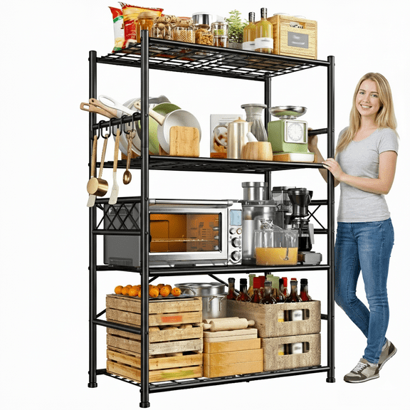 REIBII 4-Tier Metal Storage Wire Shelf with Side Rails & Hooks, 36" W x 12" D x 60" H