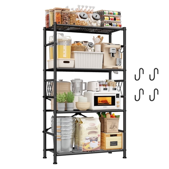 REIBII 4-Tier Metal Wire Shelving Unit, 30 in x 12 in x 60 in, 880 lb Capacity, Storage Shelves with X-Brace and Side Mesh Panels, Adjustable Leveling Feet, Black