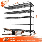 REIBII 5-Tier 60"W Wire Shelving with Wheels 3000LBS Adjustable Wire Shelf Heavy Duty Storage Shelves