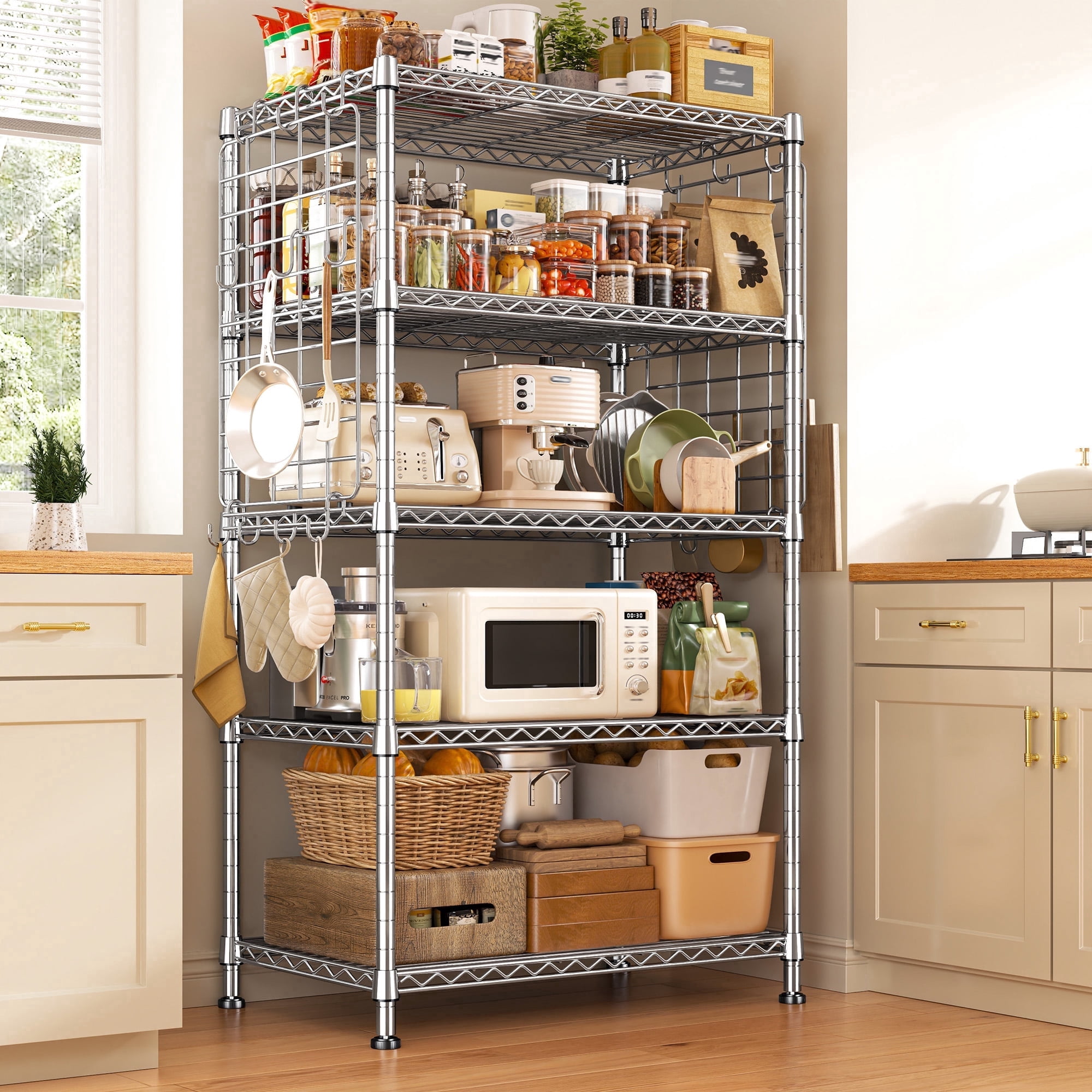 REIBII 5-Tier Adjustable Wire Shelving with Side Hanging Mesh & 12 Hooks,Space Saving Storage Rack for Kitchen Pantry,Office,Garage & Bathroom,Chrome