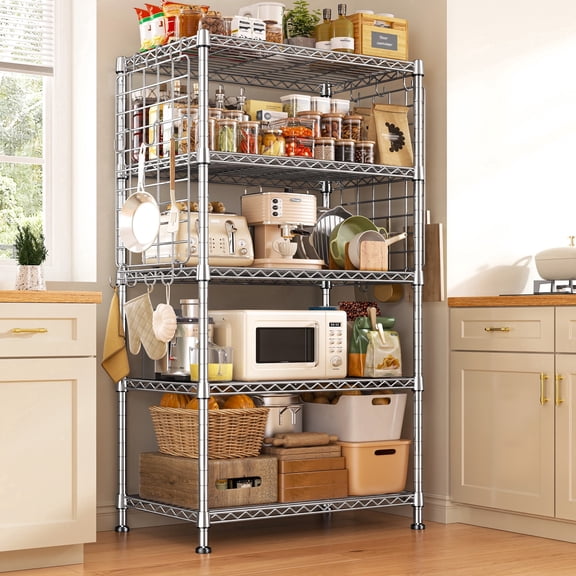 REIBII 5-Tier Adjustable Wire Shelving with Side Hanging Mesh & 12 Hooks,Space Saving Storage Rack for Kitchen Pantry,Office,Garage & Bathroom,Chrome