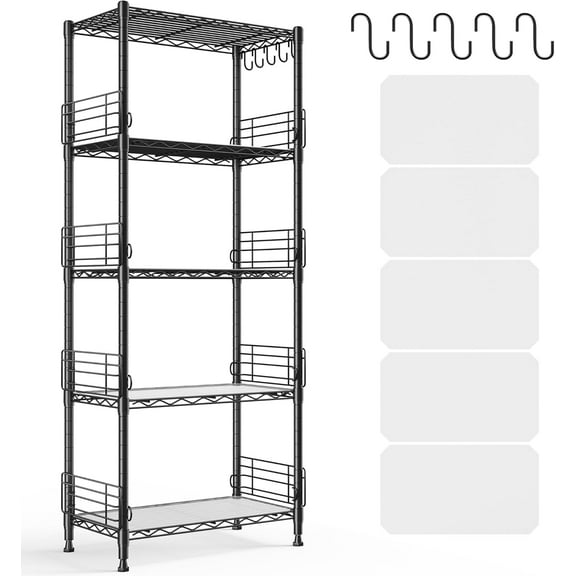 REIBII 5 Tier Metal Shelving Unit Pantry Storage Shelves Adjustable Metal Wire Shelf 59" H with Side Blockers 59" H Standing Storage Rack with Hooks & Shelf Liners for Kitchen Pantry Bathroom Closet