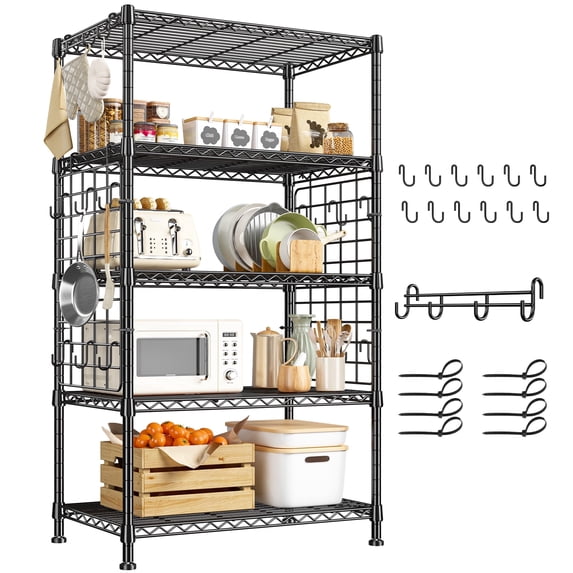 REIBII 5-Tier Metal Shelving Unit with Side Mesh & Hooks,Adjustable Wire Storage Rack,Narrow Pantry Shelf Organizer for Kitchen,Laundry,Garage,Bathroom,Black