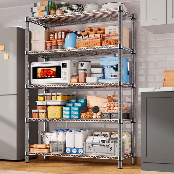 REIBII 5-Tier Storage Shelves Wire Shelving Unit Loads 1200lbs,35.5"Wx71"Hx14"D Heavy Duty Adjustable Storage Rack for Garage,Panty Shelf,Kitchen Shelving,Chrome