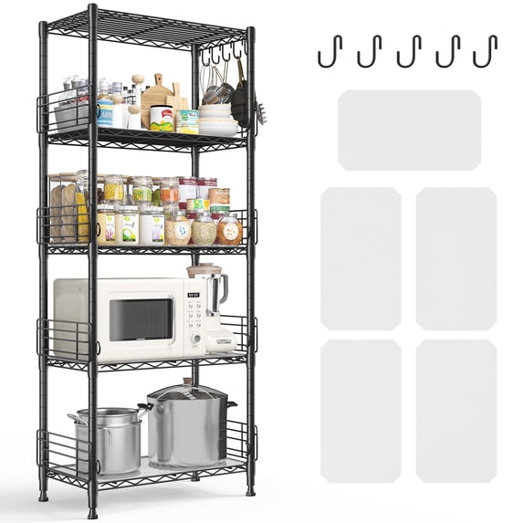 REIBII 5-Tier Wire Shelving Unit Adjustable Pantry Shelves with 4.7" Side Guards,21.7"W x 13.8"D x 59.1"H Narrow Metal Storage Rack with Shelf Liners & Hooks,for Kitchen,Bathroom,Small Spaces