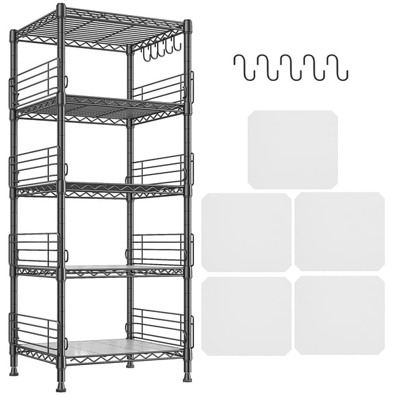 REIBII 5-Tier Wire Shelving Unit Shelves with 4.7"Side Guards,18.1"Wx18.1"Dx59"H, Heavy Duty Metal Storage Rack with Shelf Liners & Hooks for Kitchen,Pantry,Small Spaces,Black