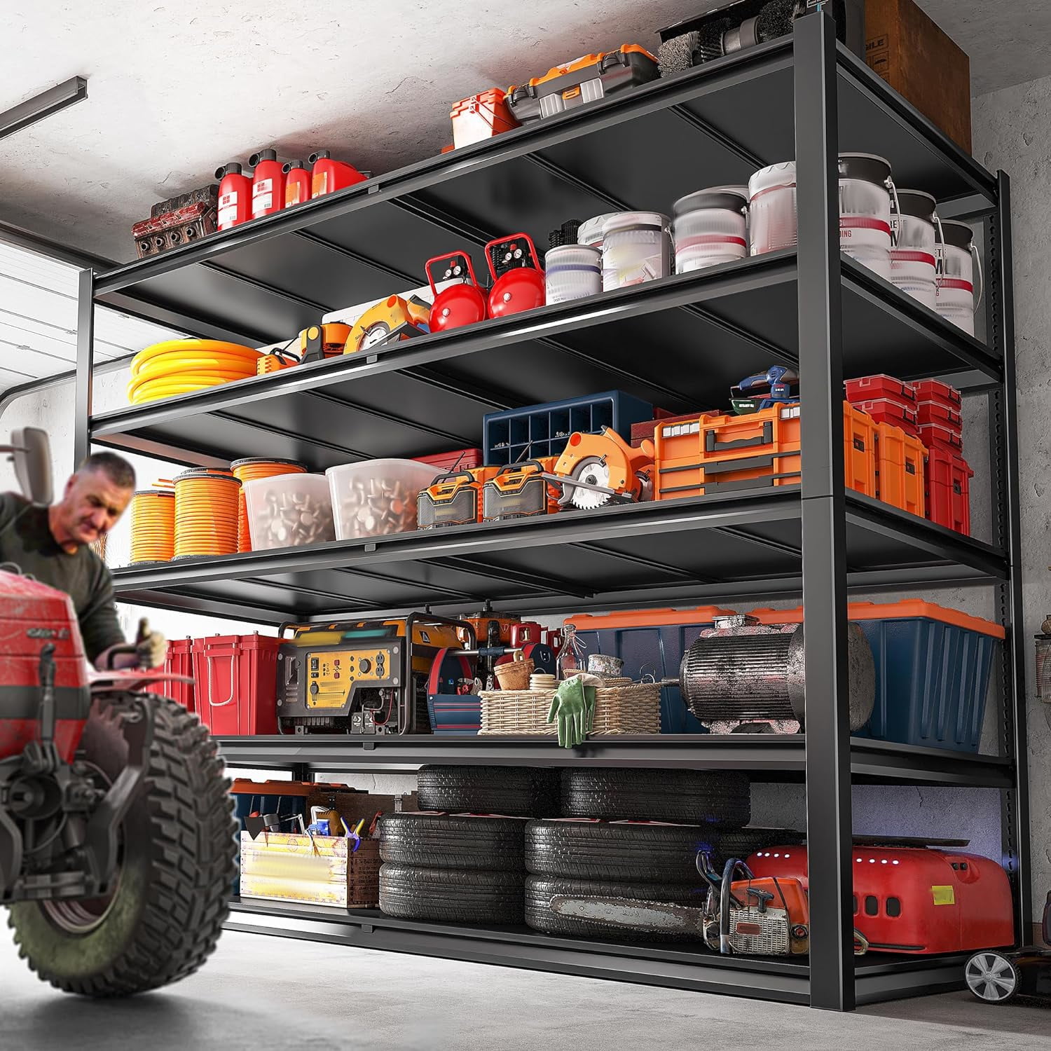 55"W Black Heavy Duty Adjustable Metal Garage Shelving Unit