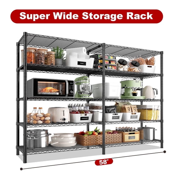 REIBII 58" Wide Storage Shelves Unit 5 Tier Wire Shelving Rack Adjustable Metal Storage Shelves Heavy Duty Garage Shelving 1400Lbs Steel Shelf for Kitchen Pantry Basement,Black