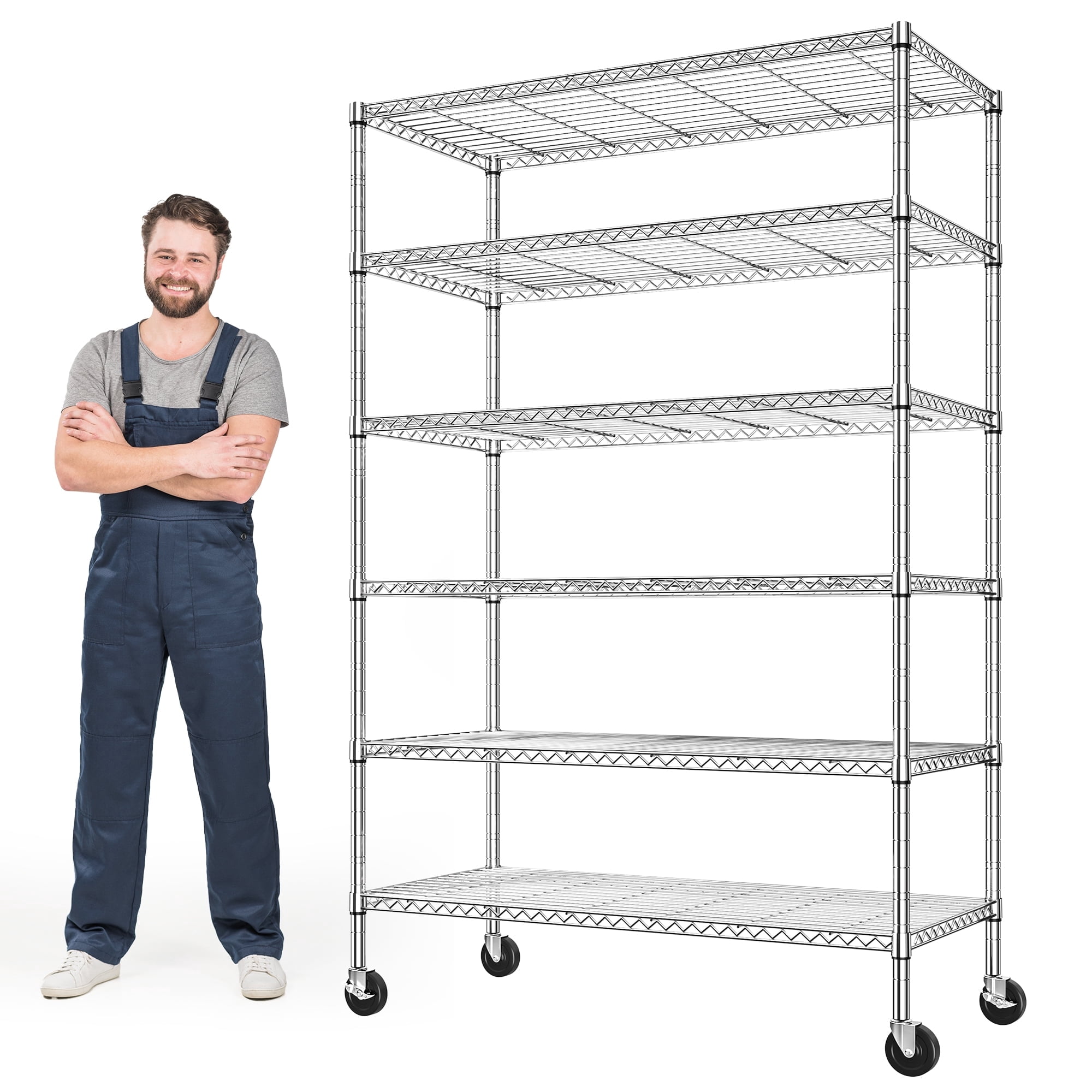 REIBII 6-Tier Wire Shelving Unit with Wheels, 82"H x 45"W x 18"D, 1800lbs Capacity,Adjustable Metal Storage Shelves for Garage,Kitchen,Pantry,Silver
