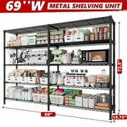 REIBII 68.9" Wide Storage Shelves Unit 72.4"H Wire Shelving Rack 5-Tier Adjustable Metal Shelves Heavy Duty Garage Shelving Steel Shelf for Kitchen Pantry Basement,Black