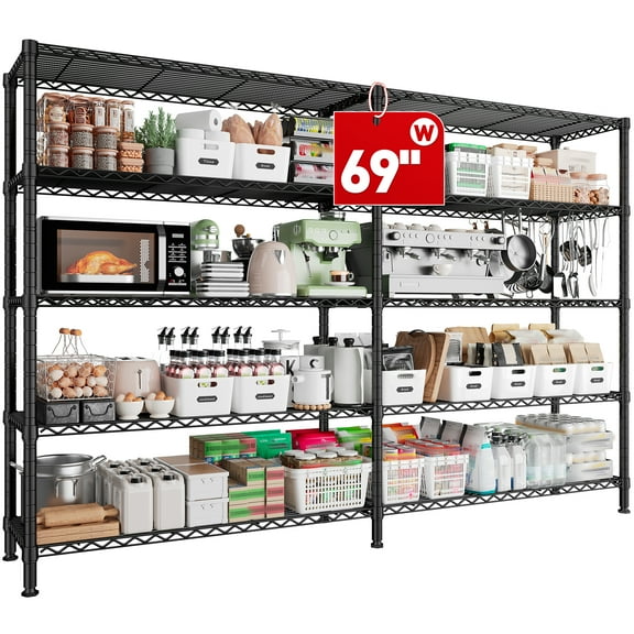REIBII 68.9"W Heavy Duty Storage Shelves 72.4"H Wire Shelving Unite 5-Tier Adjustable Metal Shelves Garage Shelving Steel Shelf for Kitchen Pantry Basement,Black