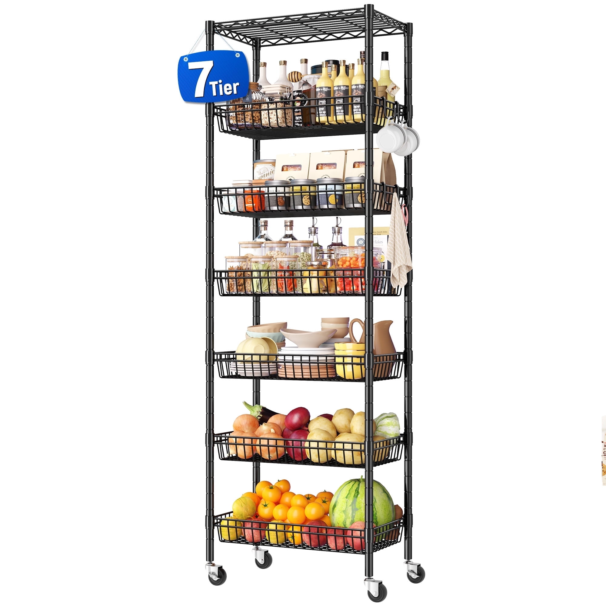 REIBII 7-Tier Wire Shelving Unit with Wheels,Adjustable Basket Shelf,Storage Rack with Side Hooks for Kitchen,Pantry,laundry room organization,72" H x 24" W x 14" D