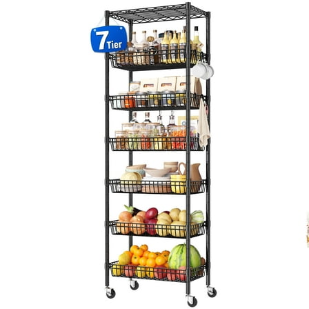 REIBII 7-Tier Wire Shelving Unit with Wheels,Adjustable Basket Shelf,Storage Rack with Side Hooks for Kitchen,Pantry,laundry room organization,72" H x 24" W x 14" D