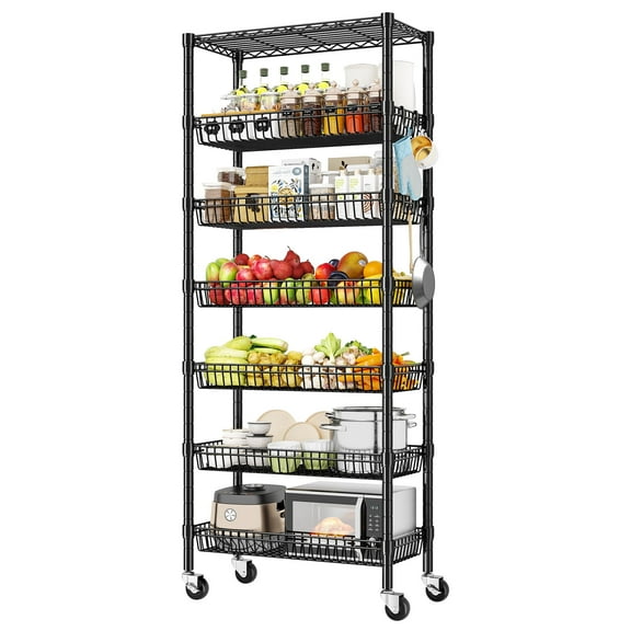 REIBII 7-Tier Wire Shelving Unit with Wheels,Adjustable Basket Shelf,Storage Rack with Side Hooks for Kitchen,Pantry,laundry room organization,72" H x 30" W x 14" D