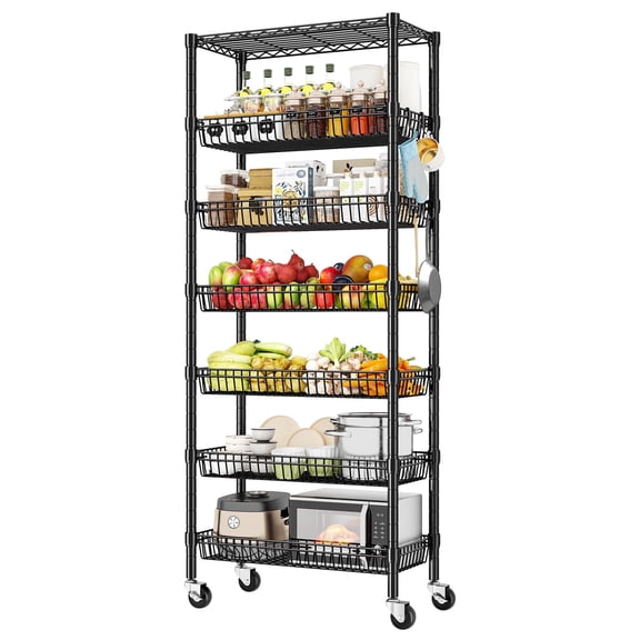 REIBII 7-Tier Wire Shelving Unit with Wheels,Adjustable Basket Shelf,Storage Rack with Side Hooks for Kitchen,Pantry,laundry room organization,72" H x 30" W x 14" D