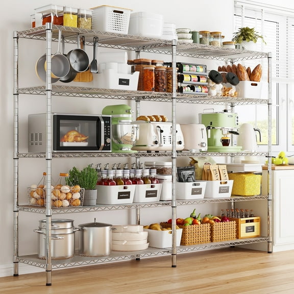 REIBII Chrome 58" Wide 5-Tier Wire Shelving Rack Adjustable Metal Storage Shelves for Kitchen Pantry