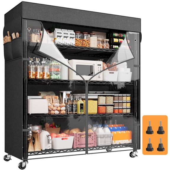 REIBII Heavy Duty Metal Storage Shelves with Cover & Wheels,5 Tier Wire Shelving Unit for Garage,Pantry,Kitchen,35"W x 16"D x 72.8"H