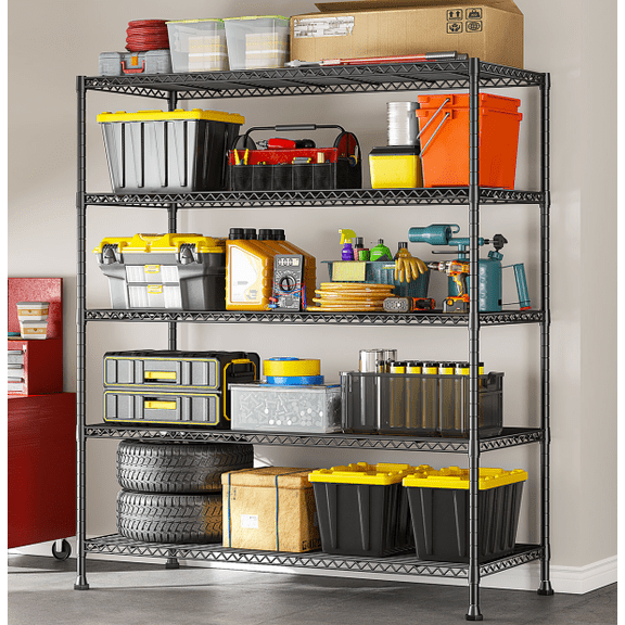 REIBII Metal Wire Shelving Unit 5-Tier Heavy Duty Garage Storage Shelves,45.5"Wx17.7"Dx71"H Adjustable Steel Wire Rack for Basement Pantry Laundry,Black
