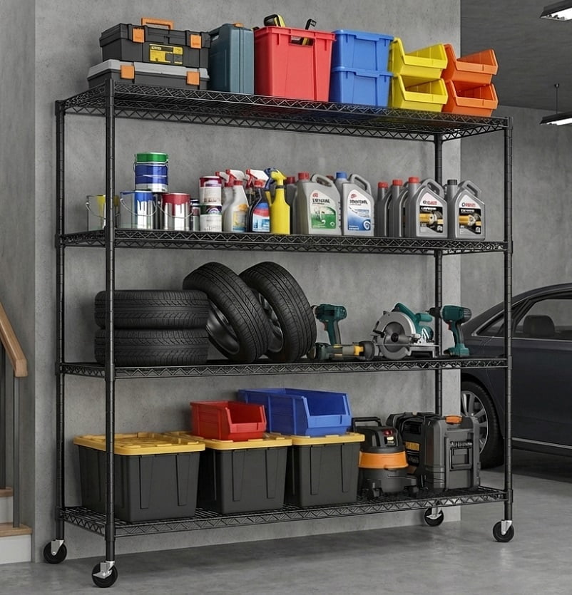 REIBII Storage Shelves 75.6" H Wire Shelving Unit with Wheels 2400LBS Heavy Duty Metal Shelves Adjustable Garage Storage Rack Pantry Shelf