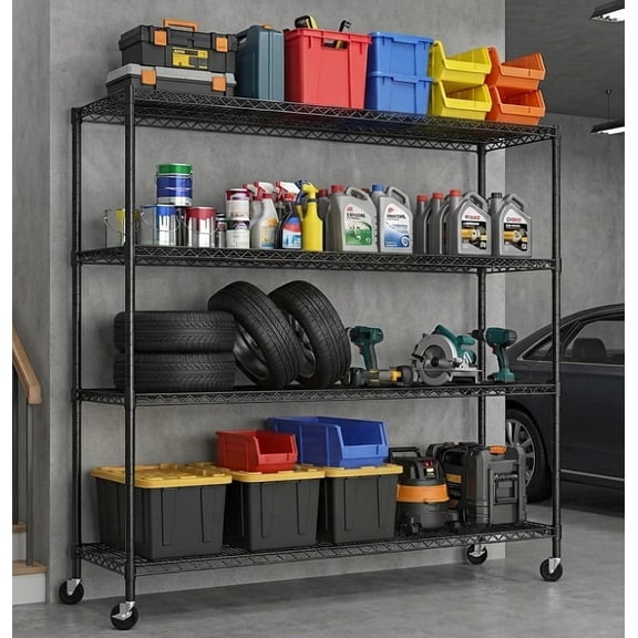 REIBII Storage Shelves 75.6" H Wire Shelving Unit with Wheels 2400LBS Heavy Duty Metal Shelves Adjustable Garage Storage Rack Pantry Shelf