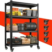 REIBII Storage Shelves with Wheels  4 Tier 2000lbs Capacity Heavy Duty Metal Shelving Unit Adjustable  Storage Rack for Garage  Warehouse Laundry,Black