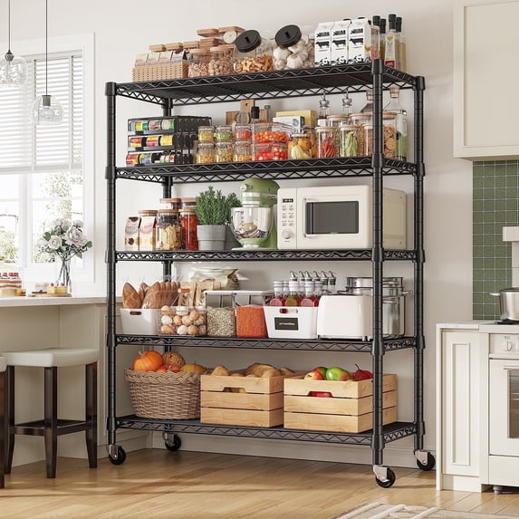 REIBII Storage Shelves Wire Shelving Unit with Wheels 75.6" H Adjustable 5 Tier Metal Shelves Heavy Duty Pantry Shelves Load 1980LBS