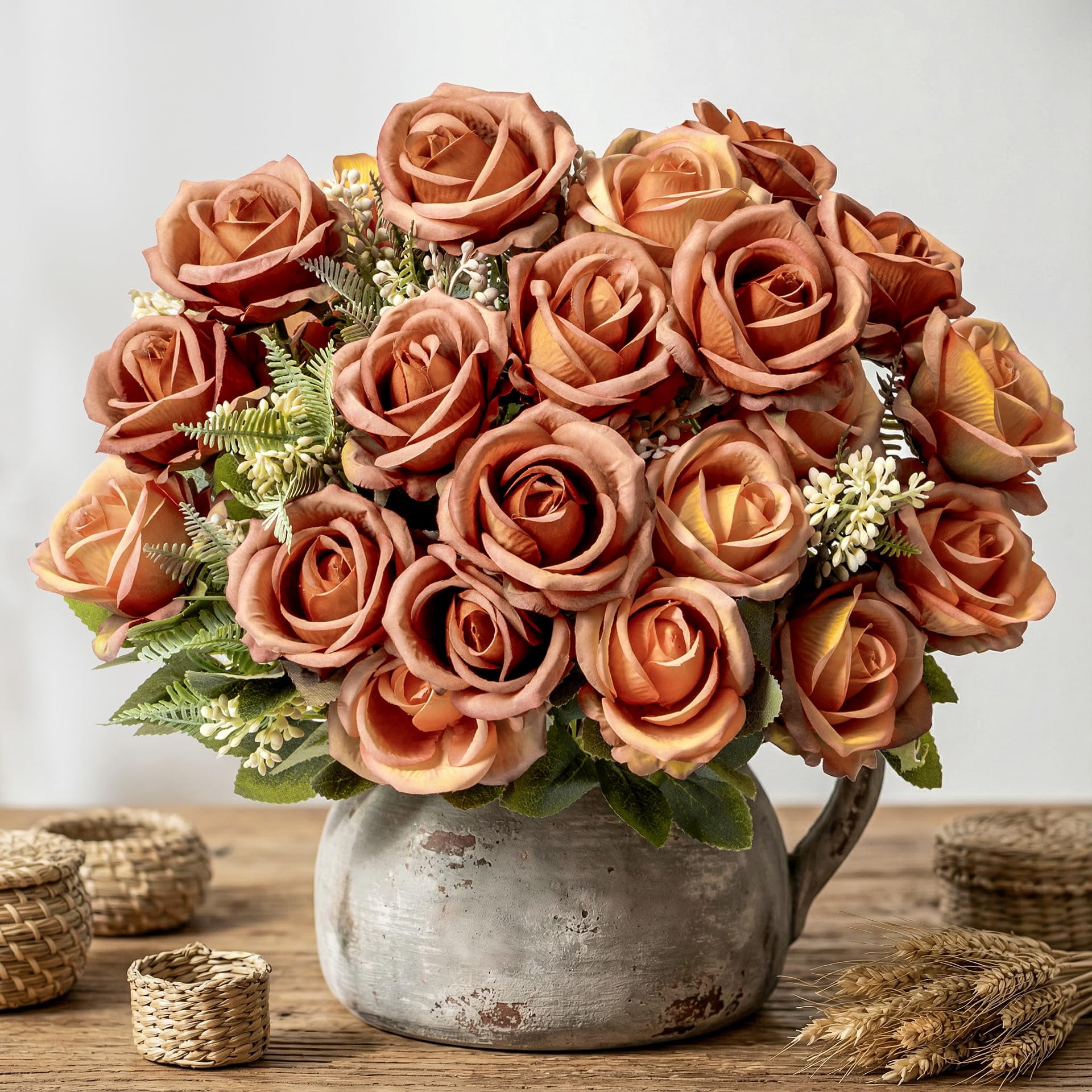 REIMUCO Fake Roses Burnt Orange Roses Artificial Roses Roses Artificial ...