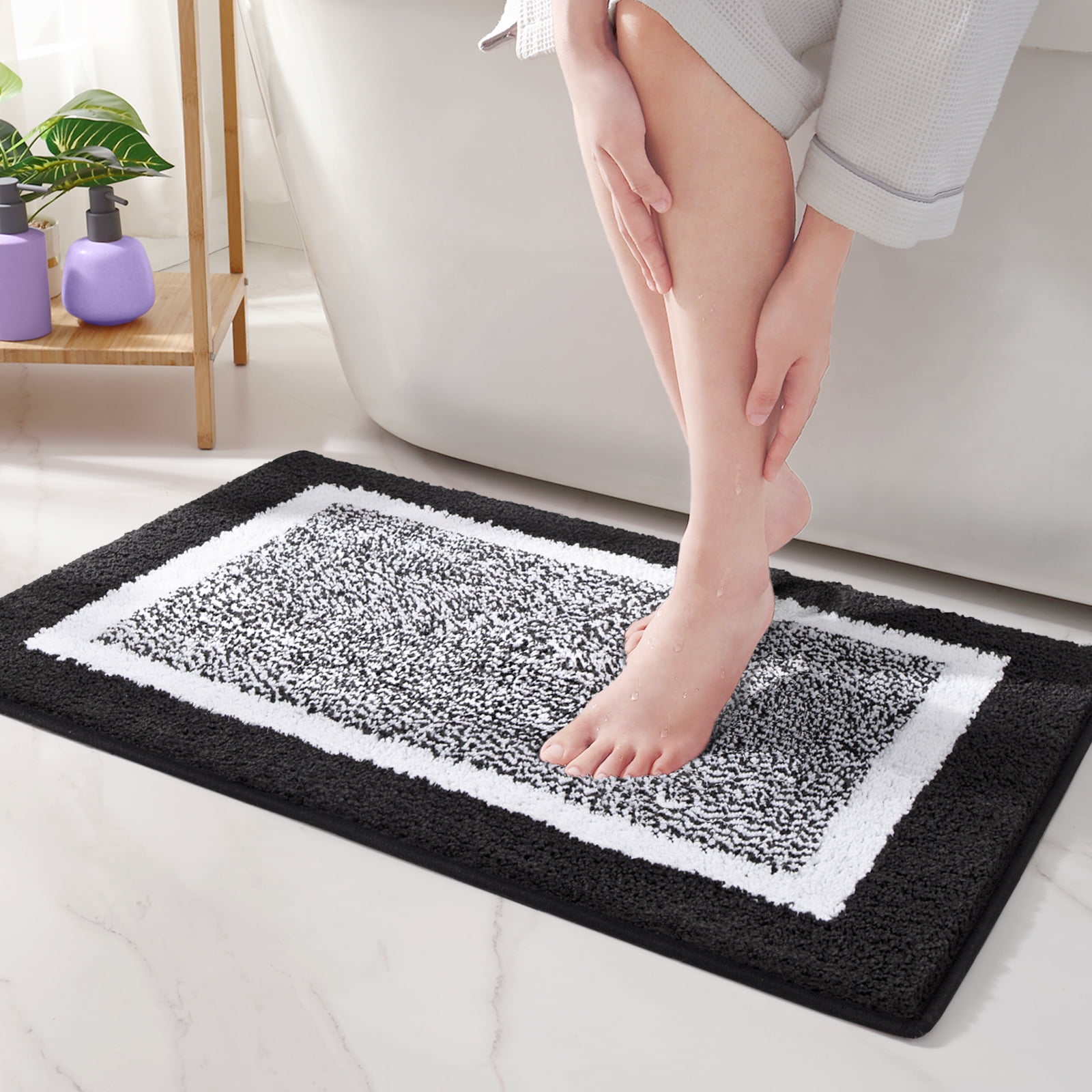 DJSOK Bath Mat Rug,Black White Gray and Gold Marble Non-Slip Super Absorbent Quick Drying Bathroom Floor Mat,Fit Under Door,Easy to Clean,Shower Rug for