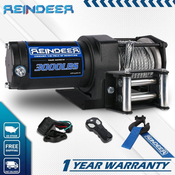 REINDEER 3000 lb 12V Electric Winch Kit – Steel Cable, IP67 Waterproof, Wireless Remote – For ATV UTV