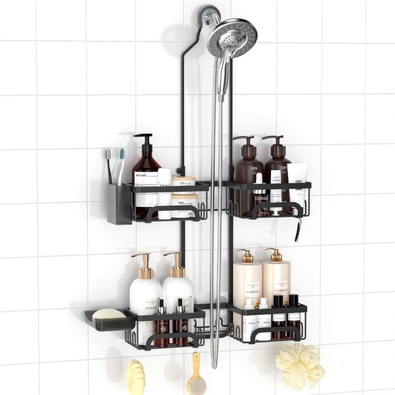 REINHARDT Shower Caddy Hanging for Handheld Showerheads Adjustable Split Shower Caddy, Rustproof Shower Organizer with Hooks for Razors Over the Head Caddy with Soap Holder Bathroom Accessories, Blac