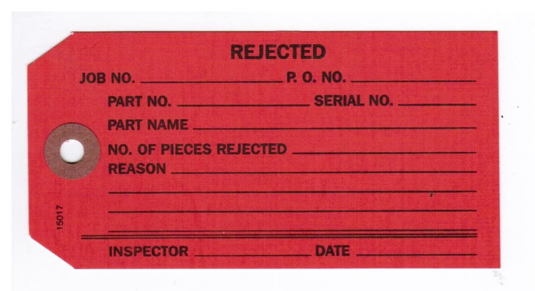 Red Reject Box REJECTED Control Tag w Part/Info Lines, Size No. 5 - 2-3/8
