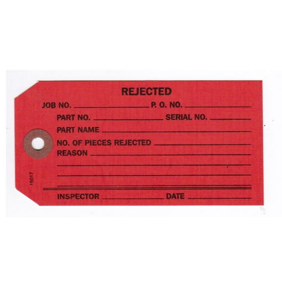 REJECTED Control Tag w Part/Info Lines, Size No. 5 - 2-3/8" x 4-3/4", Black Print on Red Stock, Hole Reinforced w Fiber Patch - Box of 1,000