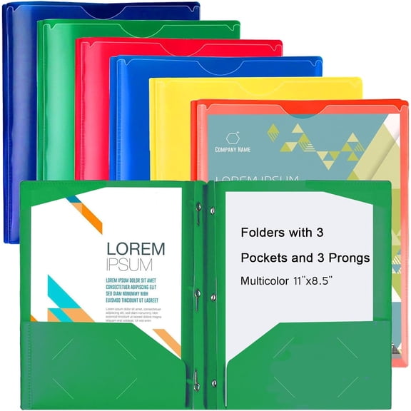 REJODA Heavy Duty Plastic Folders with Pockets and Prongs, 6 Pack 2-Pocket 3-Prong in 6 Colors