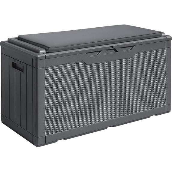 REKHH 100 Gallon Waterproof Large Resin Deck Box Outdoor Storage Box Indoor Lockable Storage Container with Cushion for Patio Furniture Garden Pool Cushions (Grey)