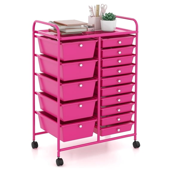 REKHH 15-Drawer Rolling Storage Cart, Multipurpose Movable Organizer Cart, Utility Cart for Home, Office, School, Hot Pink