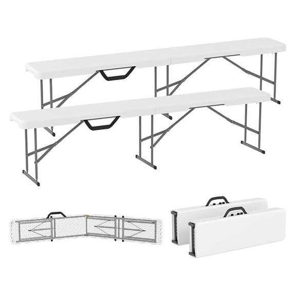 REKHH 2-Pack 6 Ft. Plastic Folding Benches, Portable Foldable Bench Seats with Carrying Handle, Non-Slip Mat, HDPE Tabletop, Picnic Benches for Camping Dining Picnic BBQ Sports, White