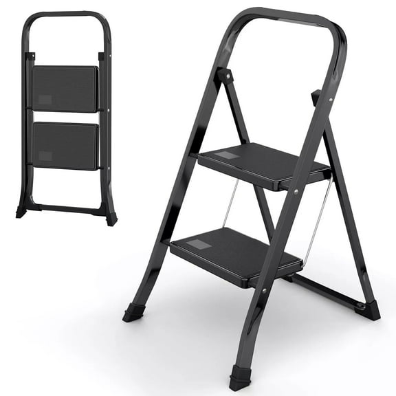 REKHH 2-Step Ladder with Wide Anti-Slip Platform & Thick Rubber Feet - Lightweight Heavy Duty Foldable & Portable - 330 lbs Capacity, Steel Frame, Rubber Handgrip, Folding Step Stool - Black