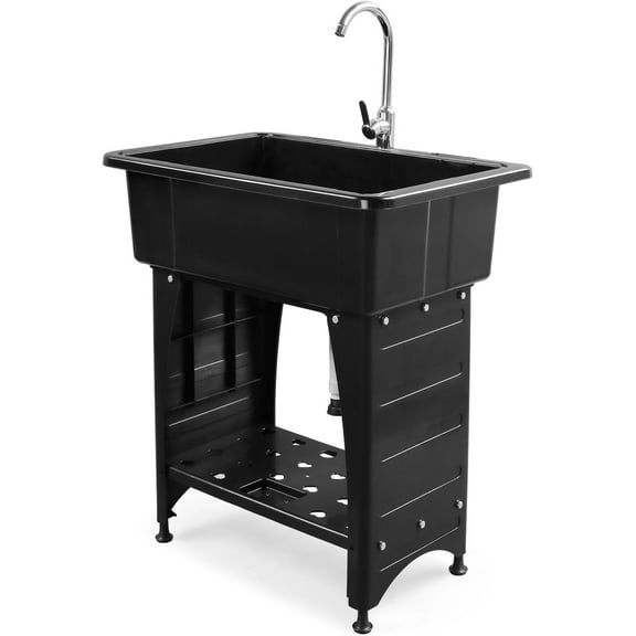 REKHH 20-Gallon Black Plastic Utility Sink with Hot & Cold Faucet, 150lbs Load Capacity, Upgraded Height & Version, Use for Laundry Room, Garage, Garden, Basement, 32.3L22.4W36.2H