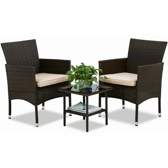 REKHH 3 Piece Bistro Conversation Set Patio Brown Wicker Chairs Furniture Outdoor Furniture Set 2 Rattan Chairs with Red Cushions and Glass Coffee Table for Porch Lawn Garden Balcony Backyard,Brown