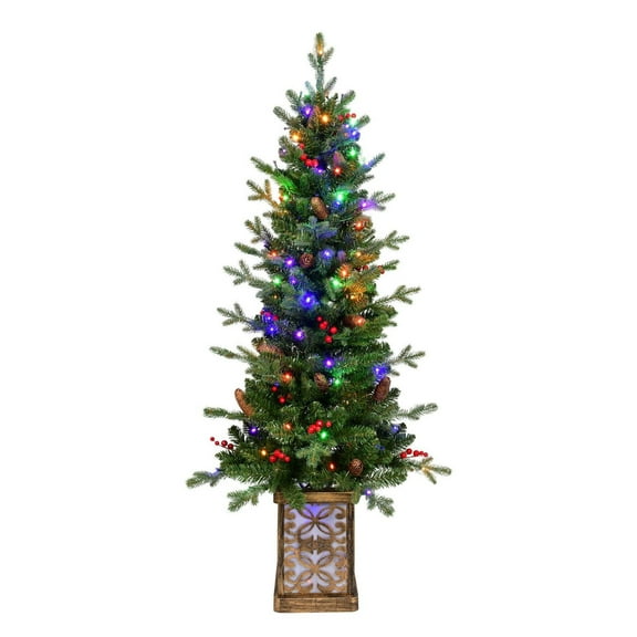 REKHH 4ft Pre-Lit PE/PVC Wire Tied Glitter Basin Tree, Red Fruit Pine Cone Decor Small LED Xmas Tree for Party New Year