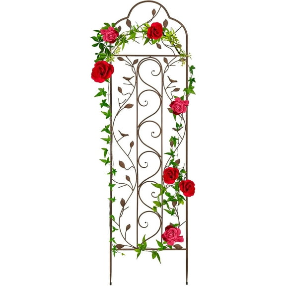 REKHH  60x15in Iron Garden Trellis, Arched Outdoor Decoration w/Branches, Birds for Lawn, Garden, Backyard, Climbing Plants - Bronze