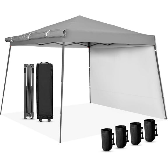 REKHH 8×8ft Pop-up Outdoor Canopy Tent with 1 Wheeled Bag, Patio Shade Canopy with 2 Expandable Sidewalls for Parties, Beach, and Camping, Bonus 12 Ground Stakes, 4 Sandbags and 8 Ropes,Grey