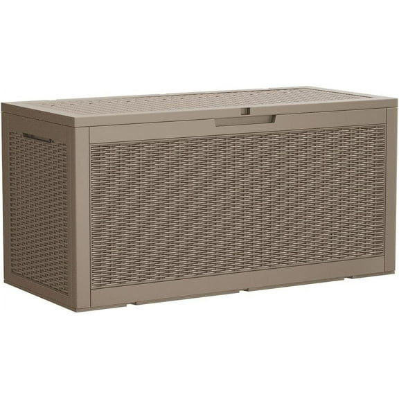 REKHH 95 Gallon Deck Box Large Resin Outdoor Storage Box, Waterproof and UV Resistant Lockable for Outdoor and Patio, Large Storage Cabinet for Patio Furniture, Tools and Pool Supplies, Light Brown
